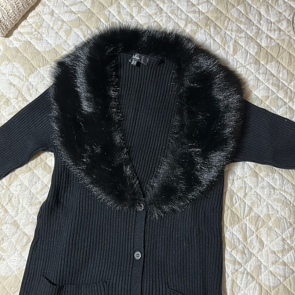Lulu's Black Cardigan with Faux Fur Collar - Picture 9 of 10